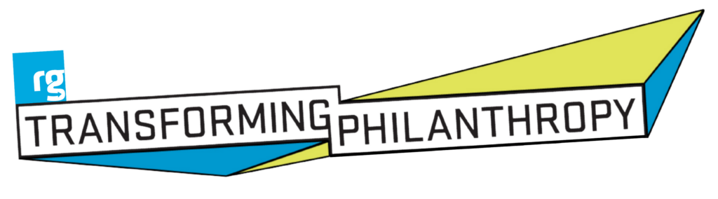 Transforming Philanthropy Logo in white boxes with black text.