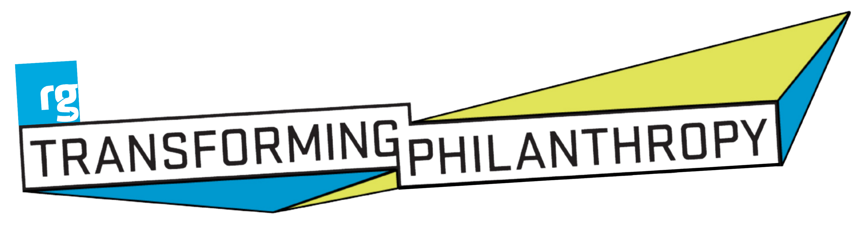 Transforming Philanthropy Logo in white boxes with black text. 