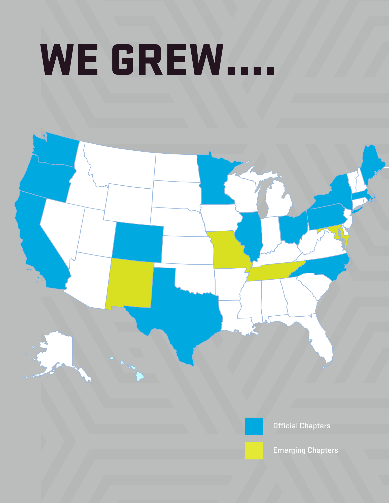 USA state map on a grey background with blue states for current chapters and green for emerging states.